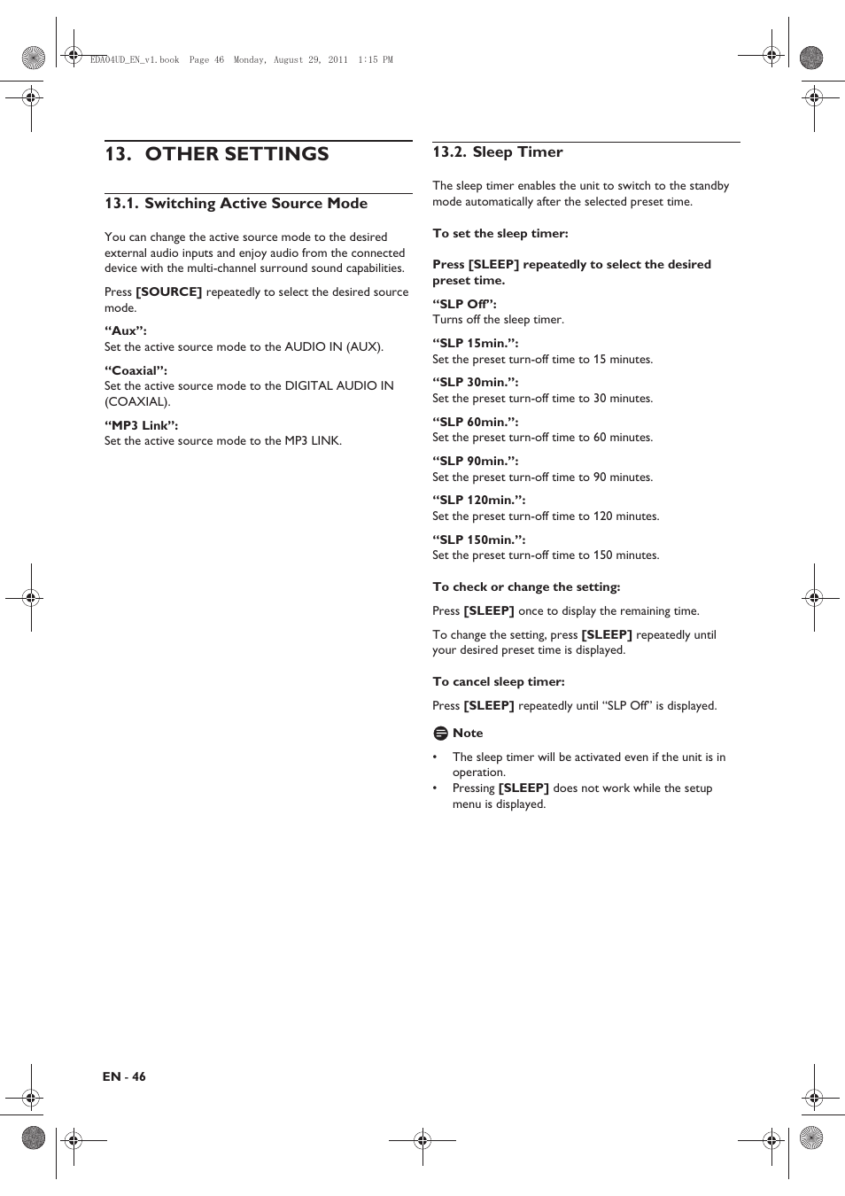 Other settings, Switching active source mode, Sleep timer | Philips HTS3306/F8 User Manual | Page 46 / 56