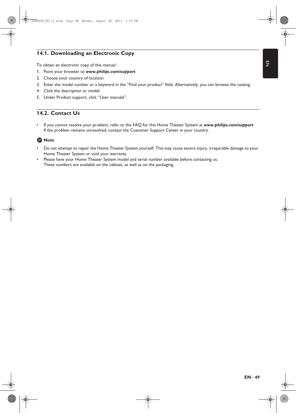 Downloading an electronic copy, Contact us | Philips HTS3306/F8 User Manual | Page 49 / 56