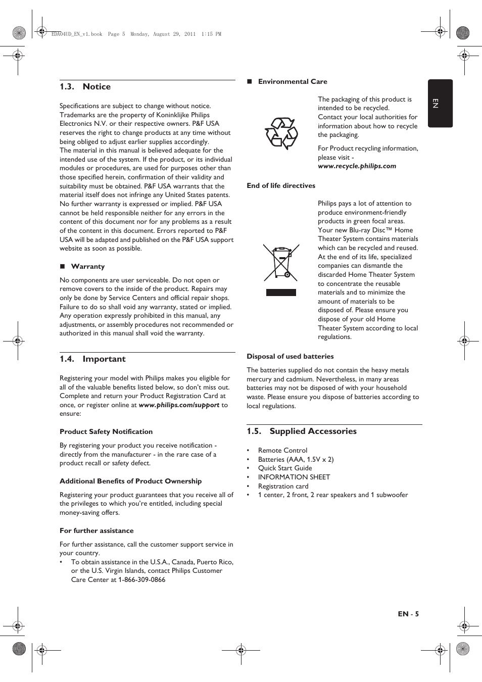 Notice, Important, Supplied accessories | Philips HTS3306/F8 User Manual | Page 5 / 56