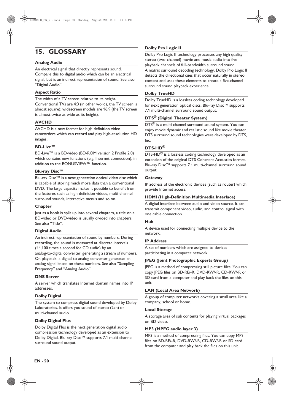 Glossary | Philips HTS3306/F8 User Manual | Page 50 / 56