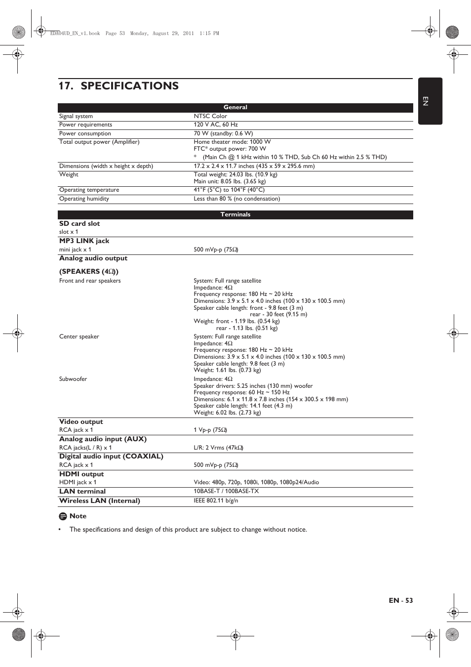 Specifications | Philips HTS3306/F8 User Manual | Page 53 / 56