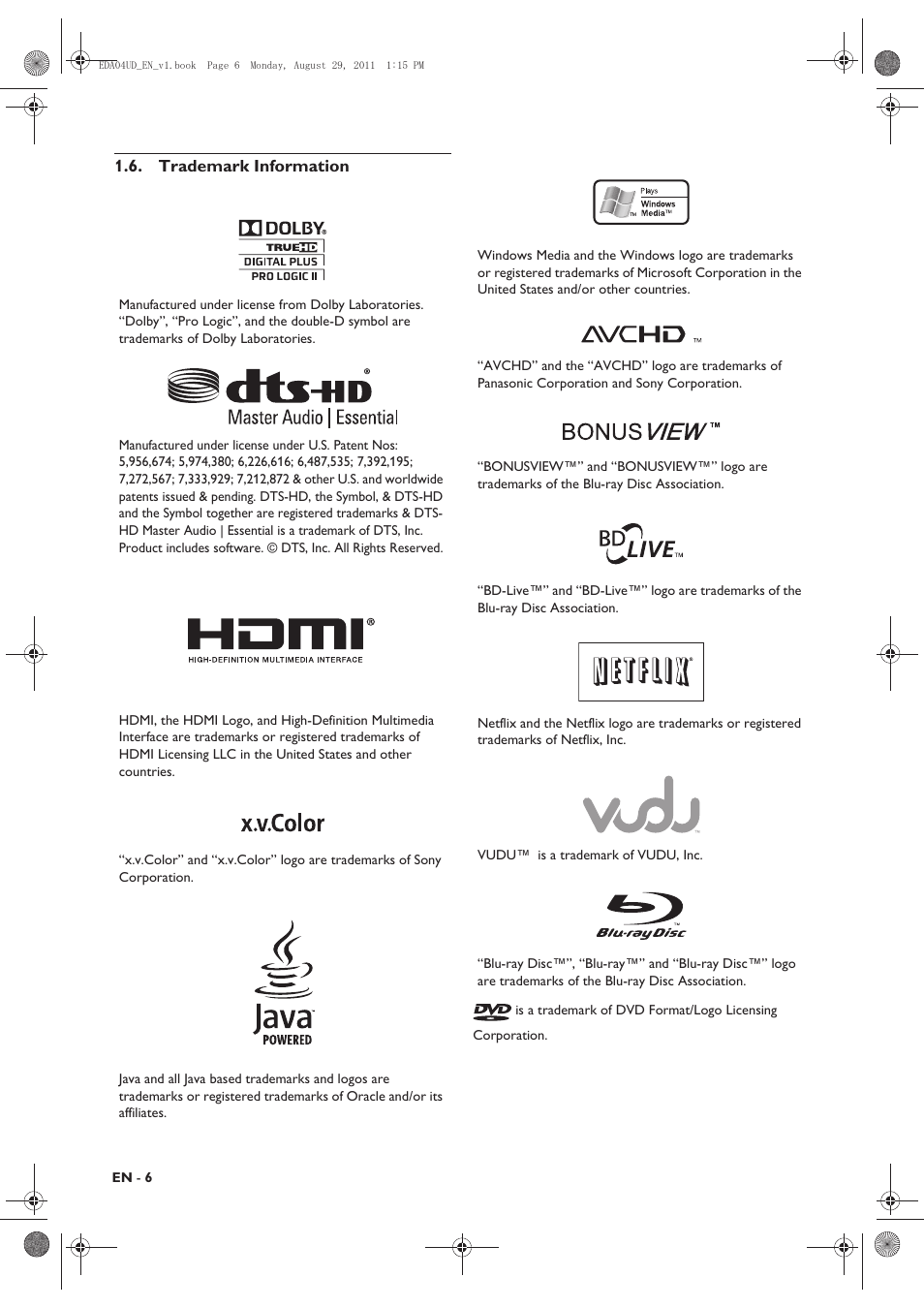 Trademark information | Philips HTS3306/F8 User Manual | Page 6 / 56