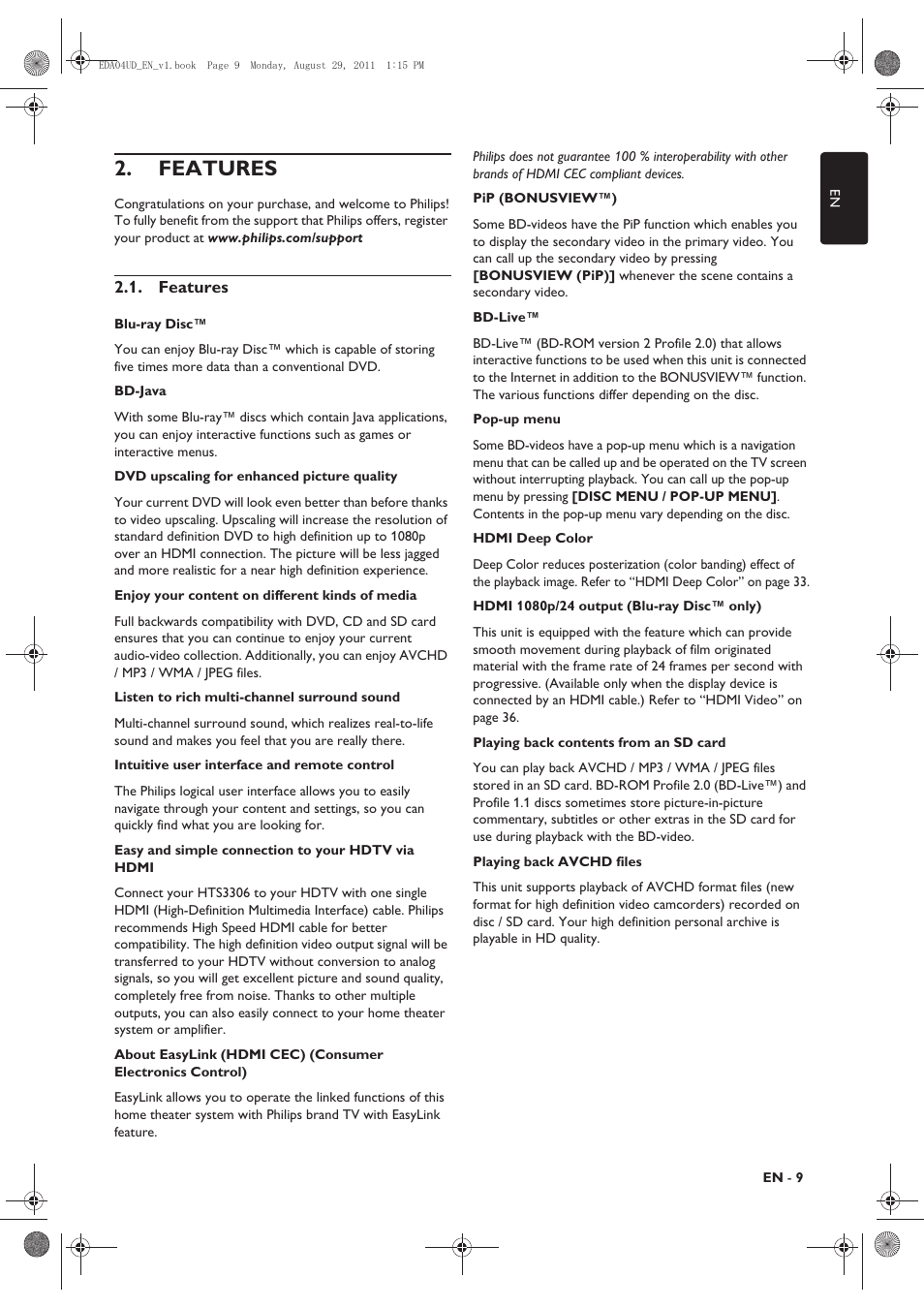 Features | Philips HTS3306/F8 User Manual | Page 9 / 56