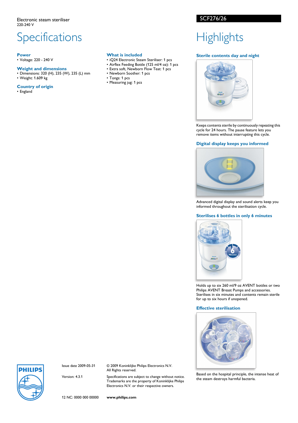 Specifications, Highlights | Philips Avent SCF276/26 User Manual | Page 2 / 2