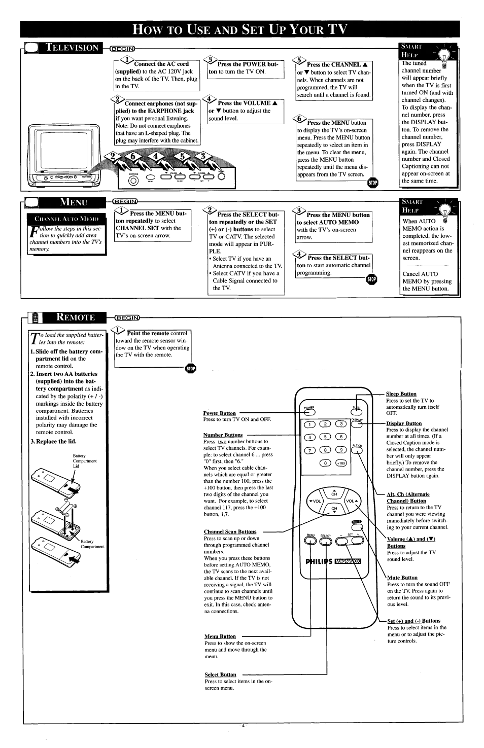 How to use and set up your tv, Press the volume, Press the channel a | Slide off the battery compartment lid on the, Replace the lid, How to u | Philips PR 0920X User Manual | Page 4 / 8