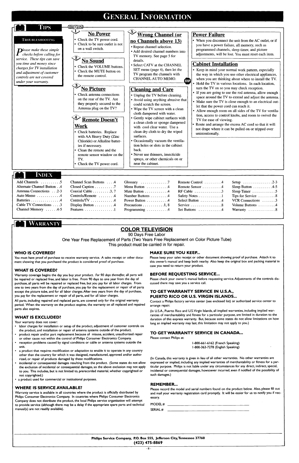 Eneral, Nformation t, No power | Wrong channel (or no channels above 131, No sound, Power failure, No picture, Remote doesn’t work, Cleaning and care, Cabinet installation | Philips PR 0920X User Manual | Page 8 / 8