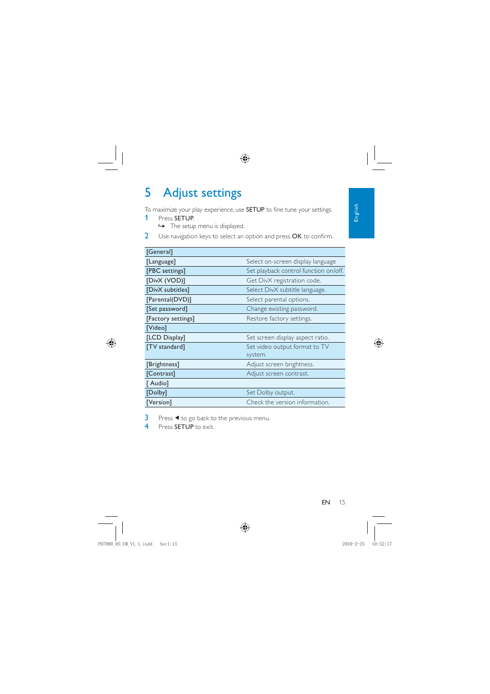 5 adjust settings | Philips PD7000C User Manual | Page 14 / 18