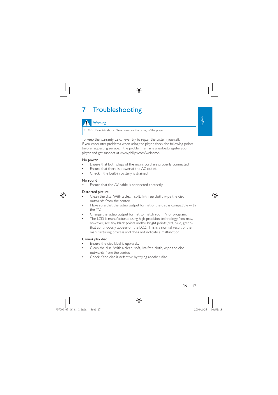 7 troubleshooting | Philips PD7000C User Manual | Page 16 / 18
