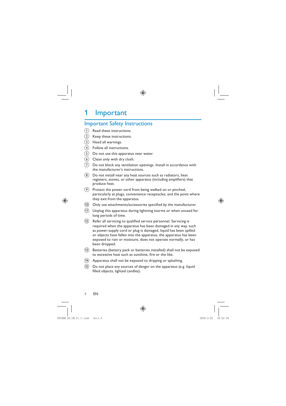 1 important, Important safety instructions | Philips PD7000C User Manual | Page 3 / 18