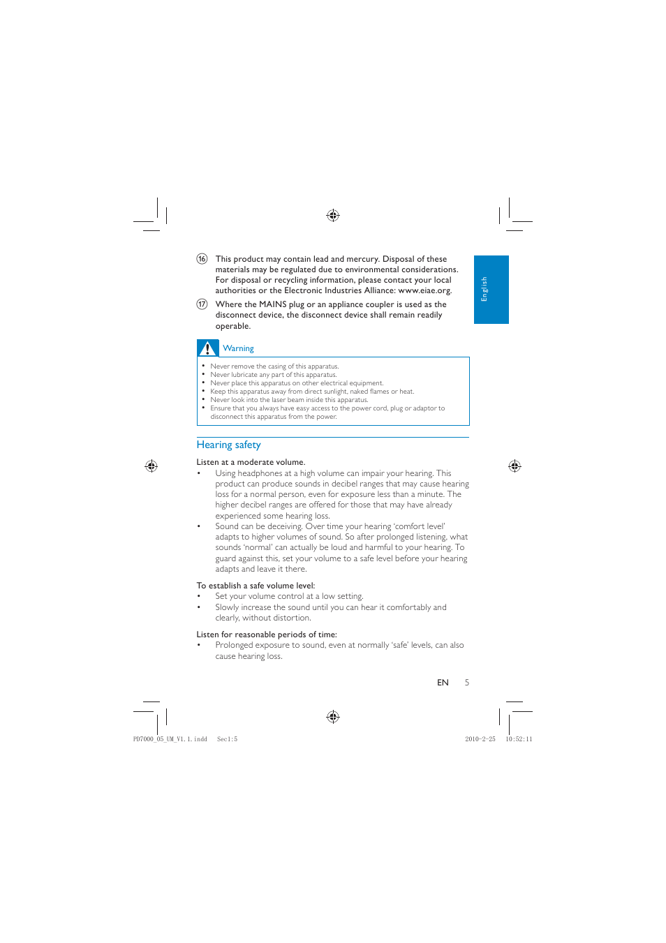 Hearing safety | Philips PD7000C User Manual | Page 4 / 18