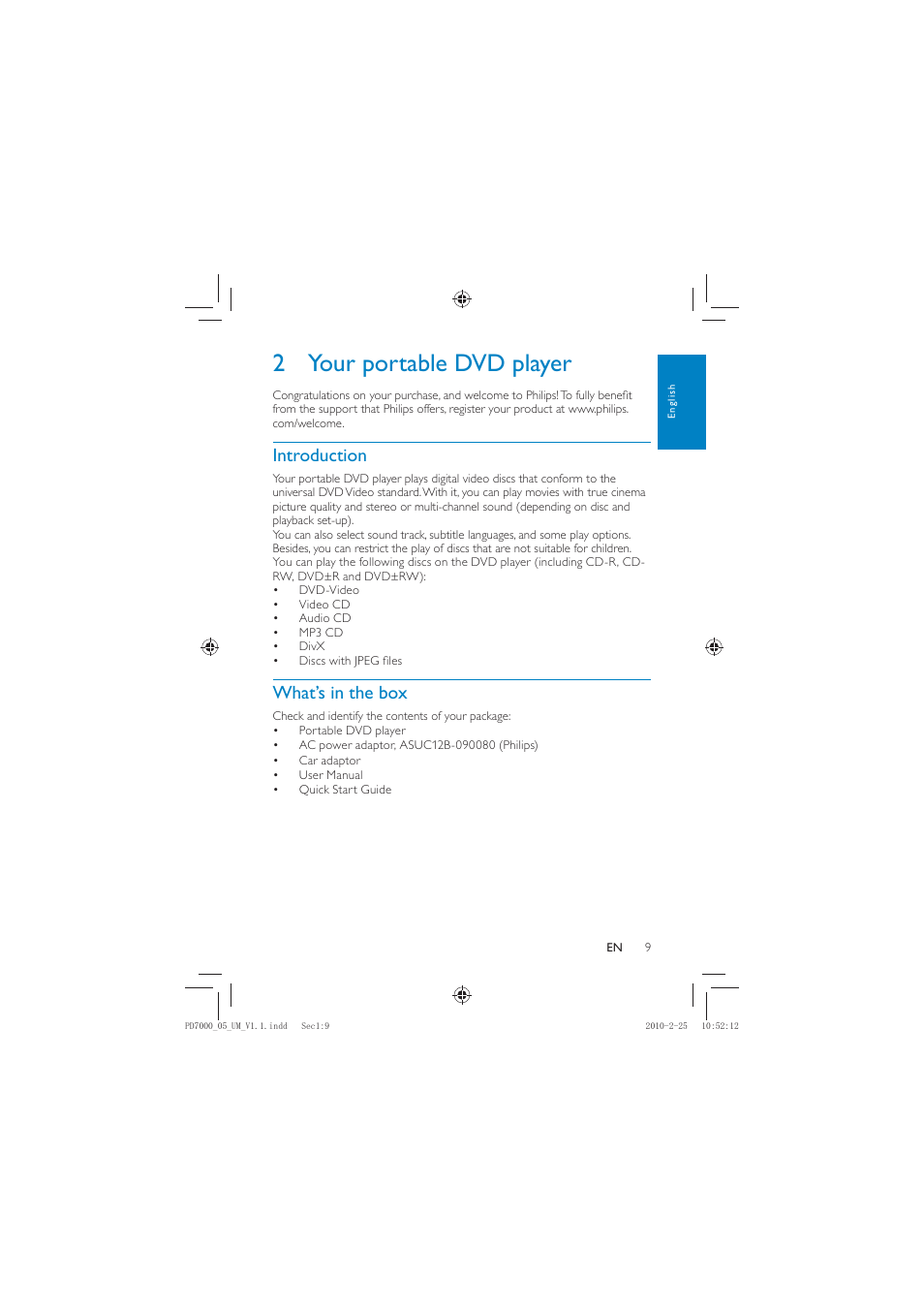 2 your portable dvd player, Introduction, What’s in the box | Philips PD7000C User Manual | Page 8 / 18