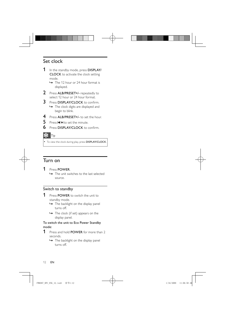 Set clock 1, Turn on 1 | Philips FWM387/12 User Manual | Page 13 / 24