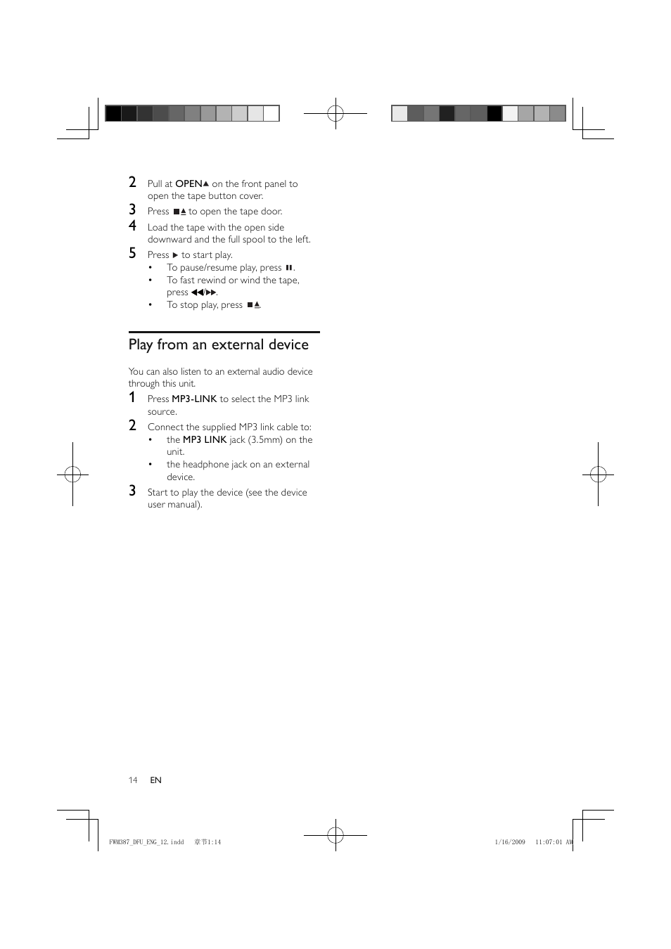 Play from an external device | Philips FWM387/12 User Manual | Page 15 / 24