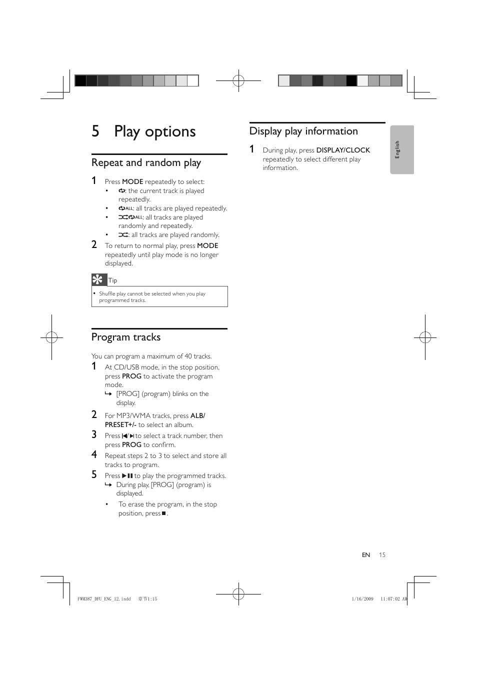 5 play options, Repeat and random play 1, Program tracks | Display play information 1 | Philips FWM387/12 User Manual | Page 16 / 24