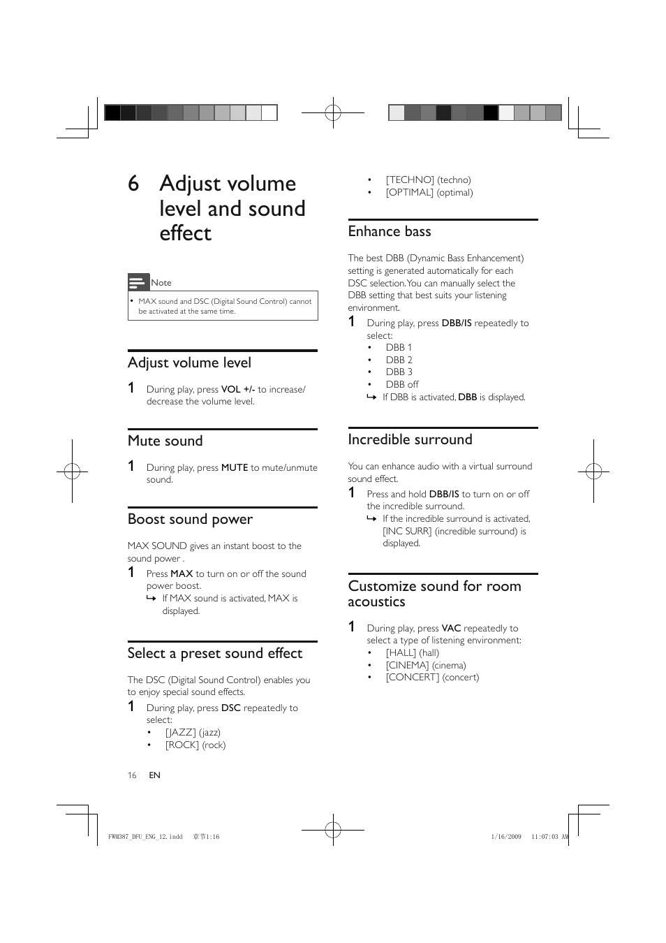 6 adjust volume level and sound effect, Adjust volume level 1, Mute sound 1 | Boost sound power, Select a preset sound effect, Enhance bass, Incredible surround, Customize sound for room acoustics 1 | Philips FWM387/12 User Manual | Page 17 / 24