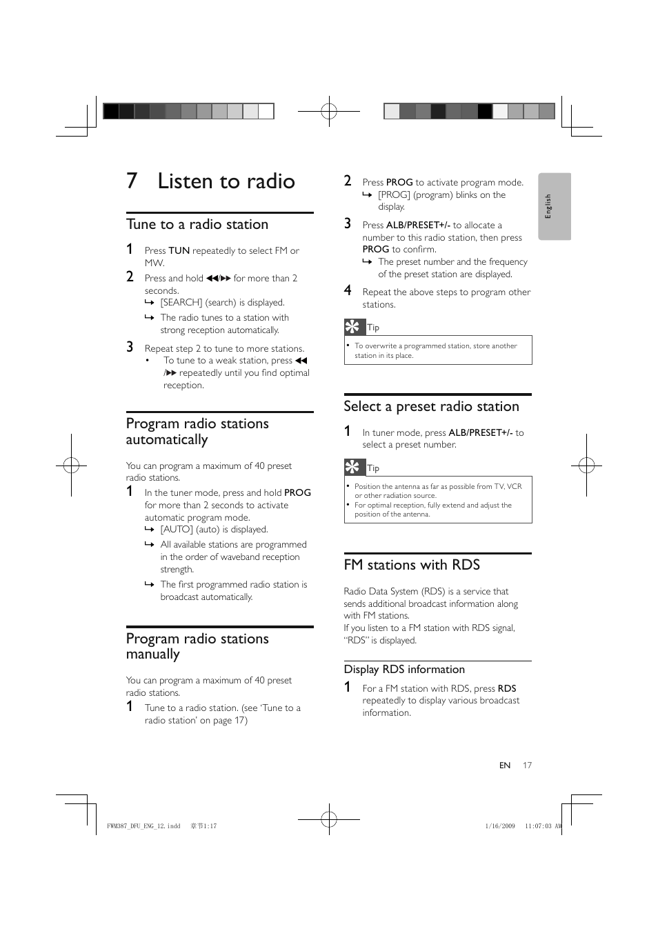 7 listen to radio, Tune to a radio station 1, Program radio stations automatically | Program radio stations manually, Select a preset radio station 1, Fm stations with rds | Philips FWM387/12 User Manual | Page 18 / 24