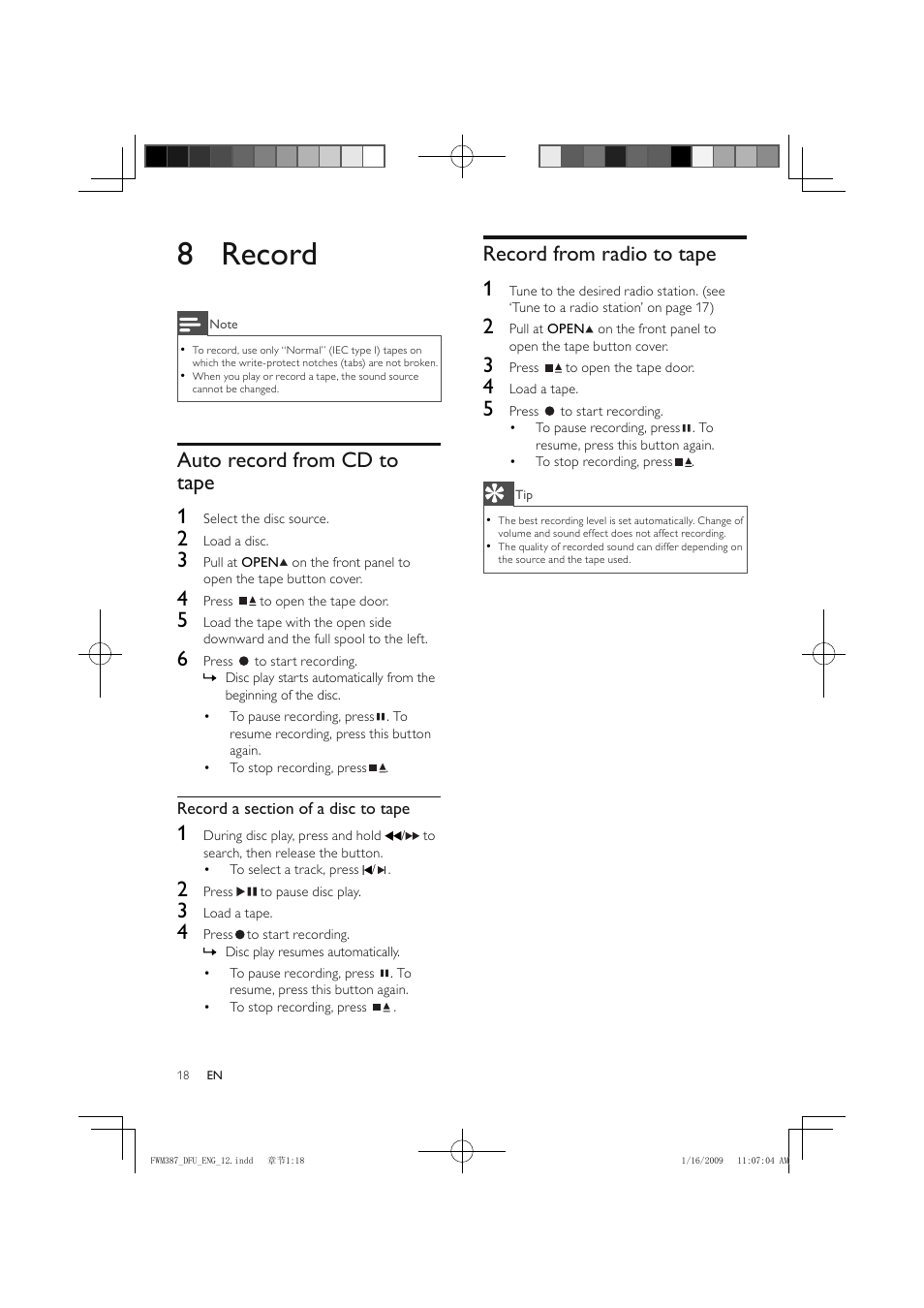 8 record, Auto record from cd to tape 1, Record from radio to tape 1 | Philips FWM387/12 User Manual | Page 19 / 24