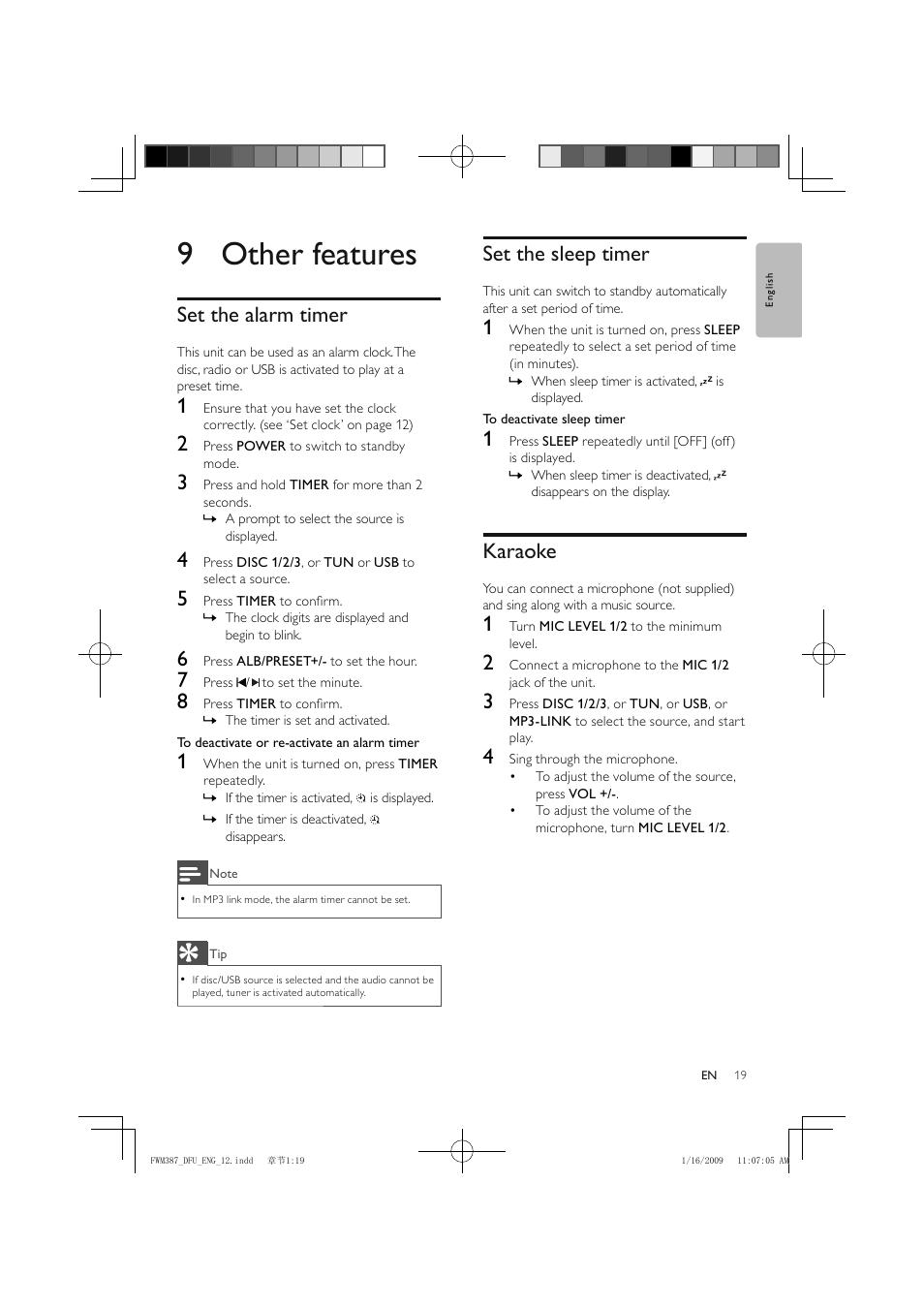 9 other features, Set the alarm timer, Set the sleep timer | Karaoke | Philips FWM387/12 User Manual | Page 20 / 24