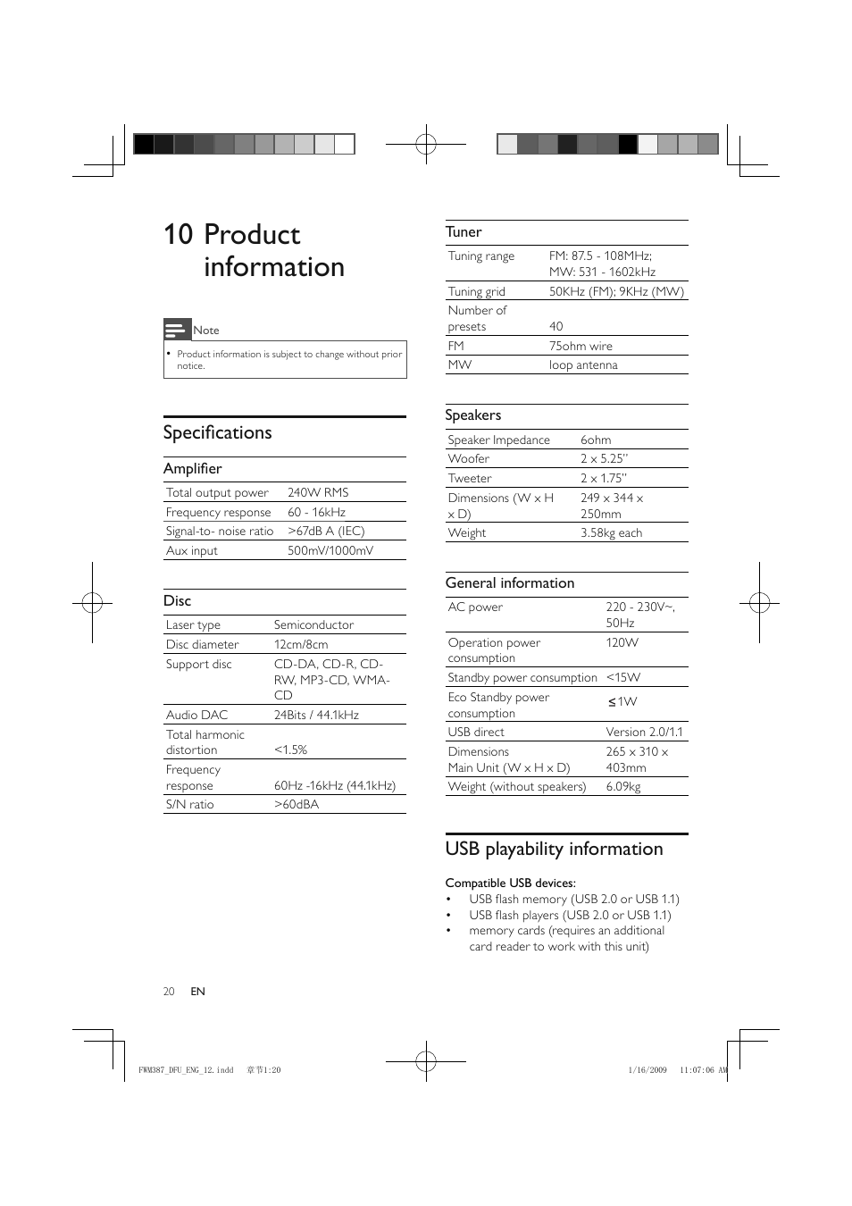 10 product information, Specifi cations, Usb playability information | Philips FWM387/12 User Manual | Page 21 / 24