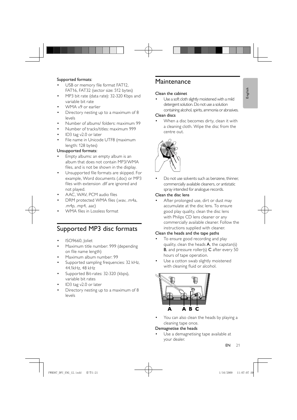 Supported mp3 disc formats, Maintenance | Philips FWM387/12 User Manual | Page 22 / 24