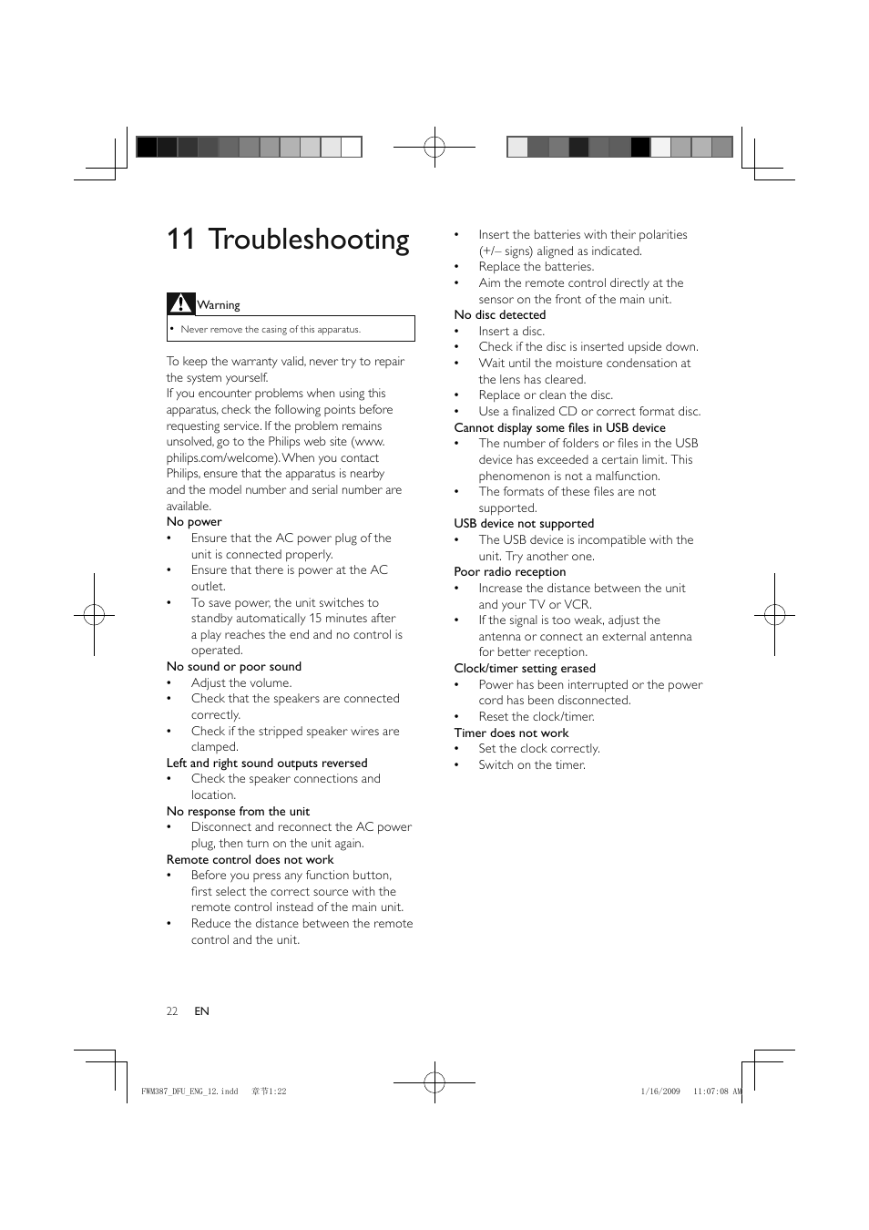 11 troubleshooting | Philips FWM387/12 User Manual | Page 23 / 24