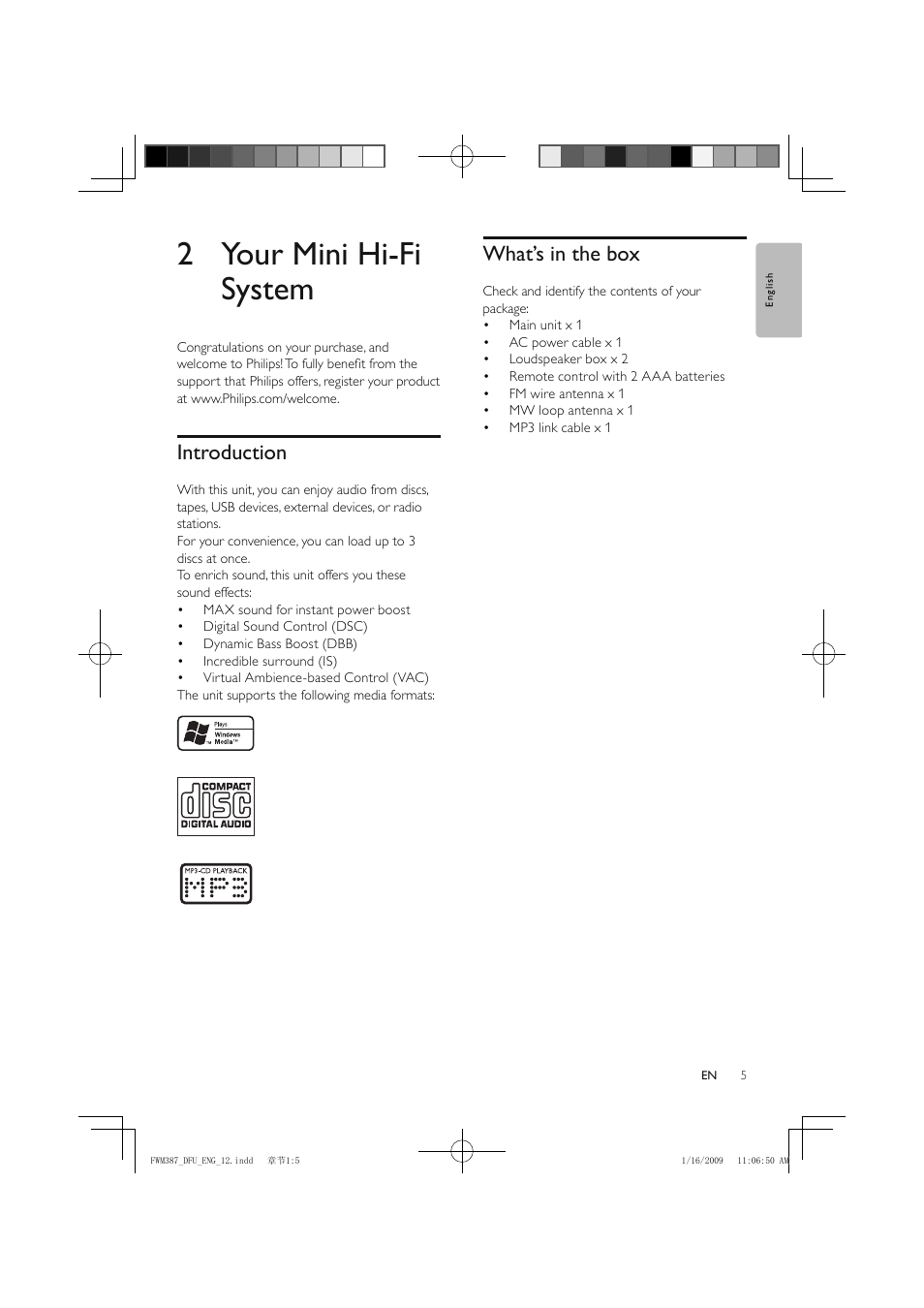 2 your mini hi-fi system | Philips FWM387/12 User Manual | Page 6 / 24