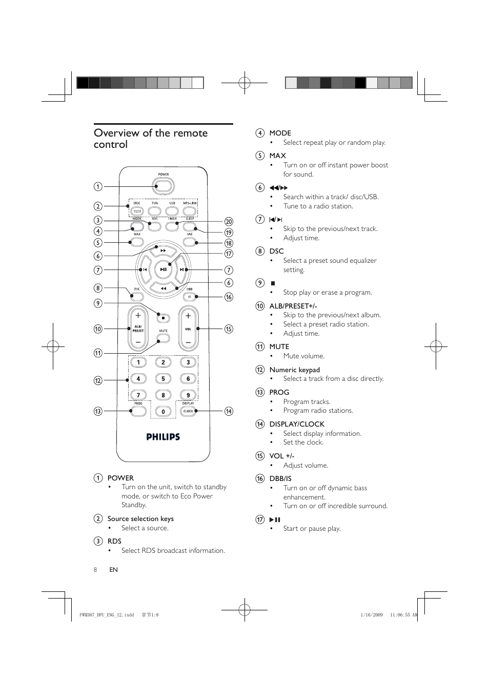 Overview of the remote control | Philips FWM387/12 User Manual | Page 9 / 24