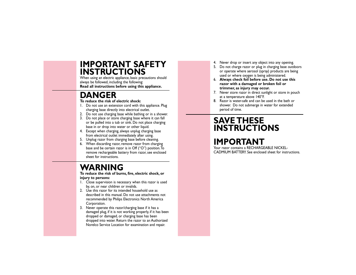 Save these instructions important, Important safety instructions, Danger | Warning | Philips HP6326PB User Manual | Page 2 / 9