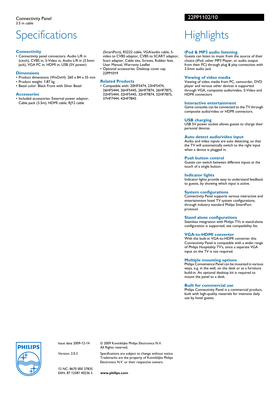 Specifications, Highlights | Philips 22PP1102 User Manual | Page 2 / 2