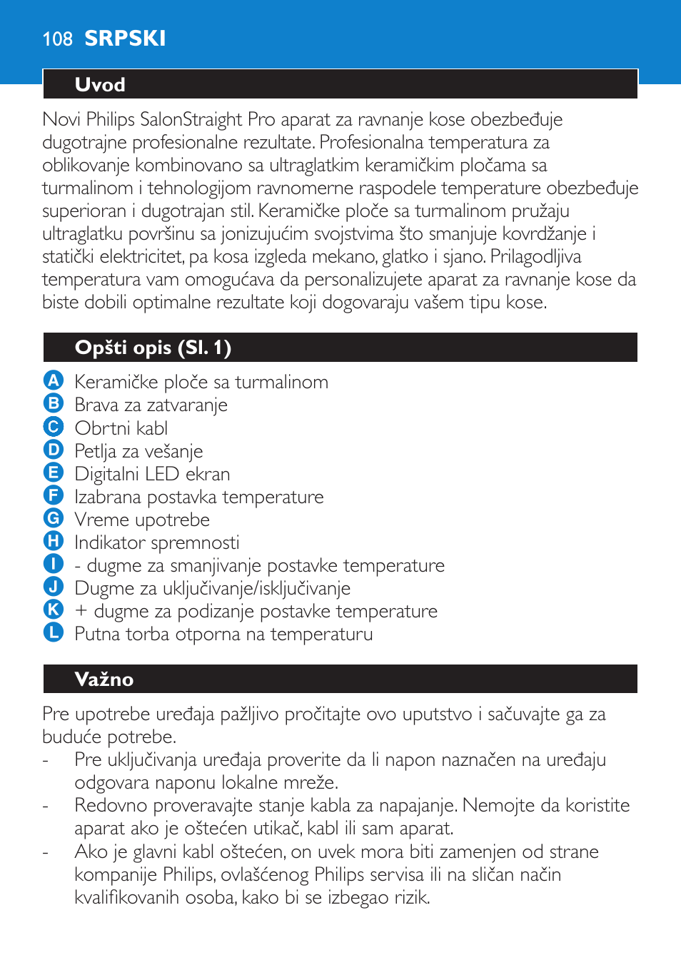 Srpski, Uvod, Opšti opis (sl. 1) | Važno | Philips HP4669/05 User Manual | Page 108 / 124