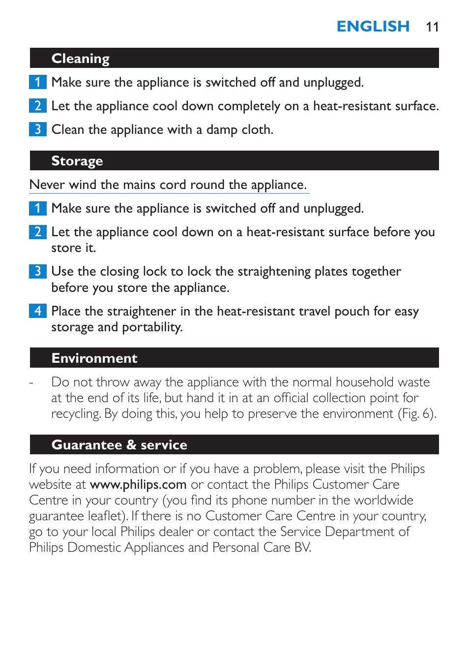 Cleaning, Storage, Environment | Guarantee & service | Philips HP4669/05 User Manual | Page 11 / 124