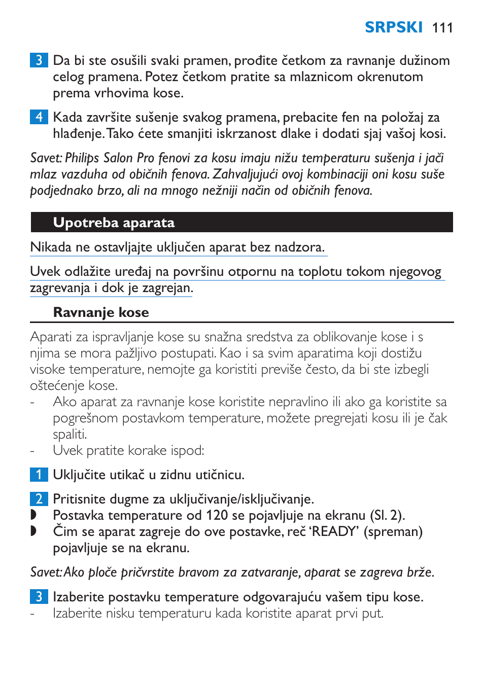 Upotreba aparata, Ravnanje kose | Philips HP4669/05 User Manual | Page 111 / 124