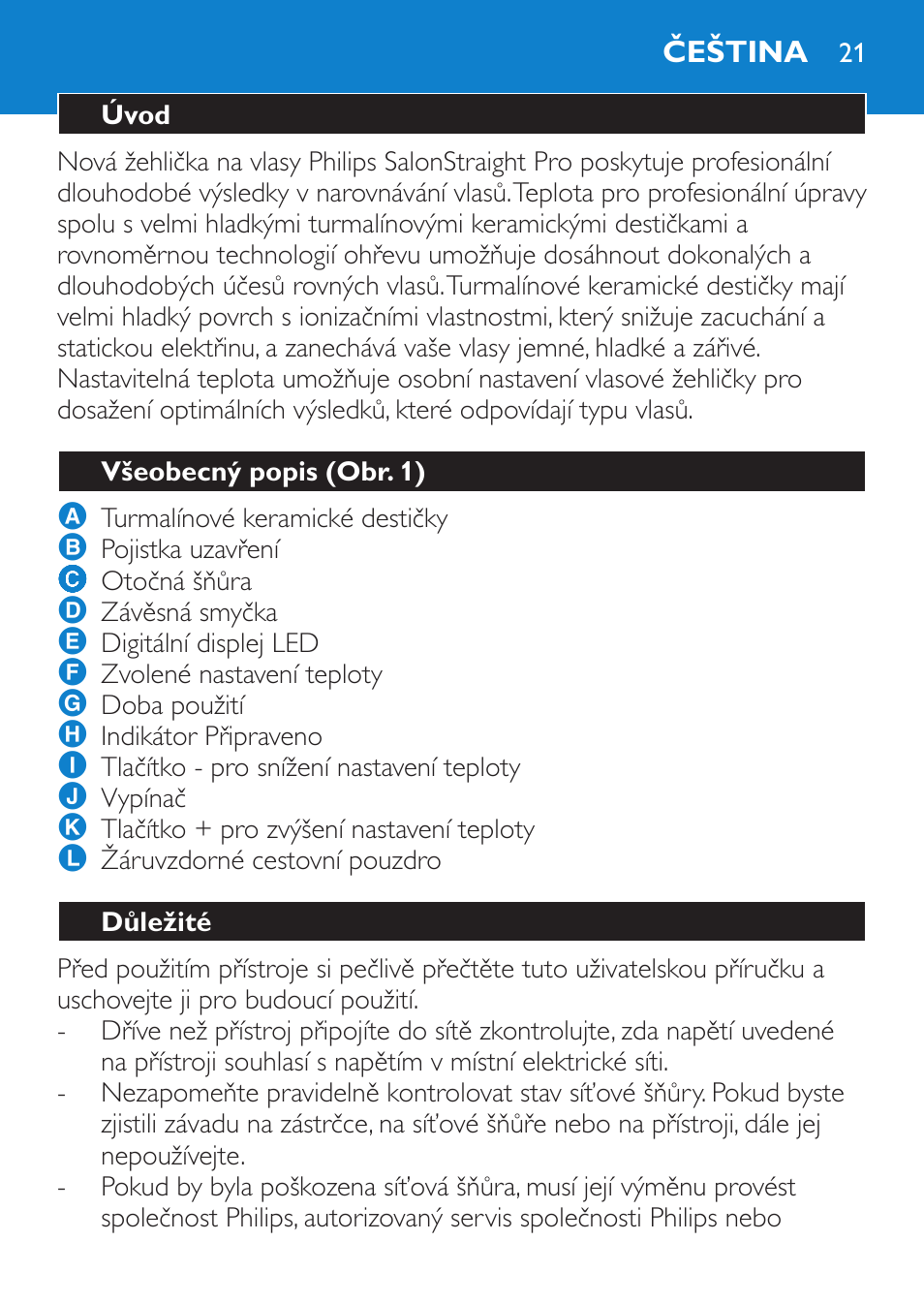 Čeština, Úvod, Všeobecný popis (obr. 1) | Důležité | Philips HP4669/05 User Manual | Page 21 / 124