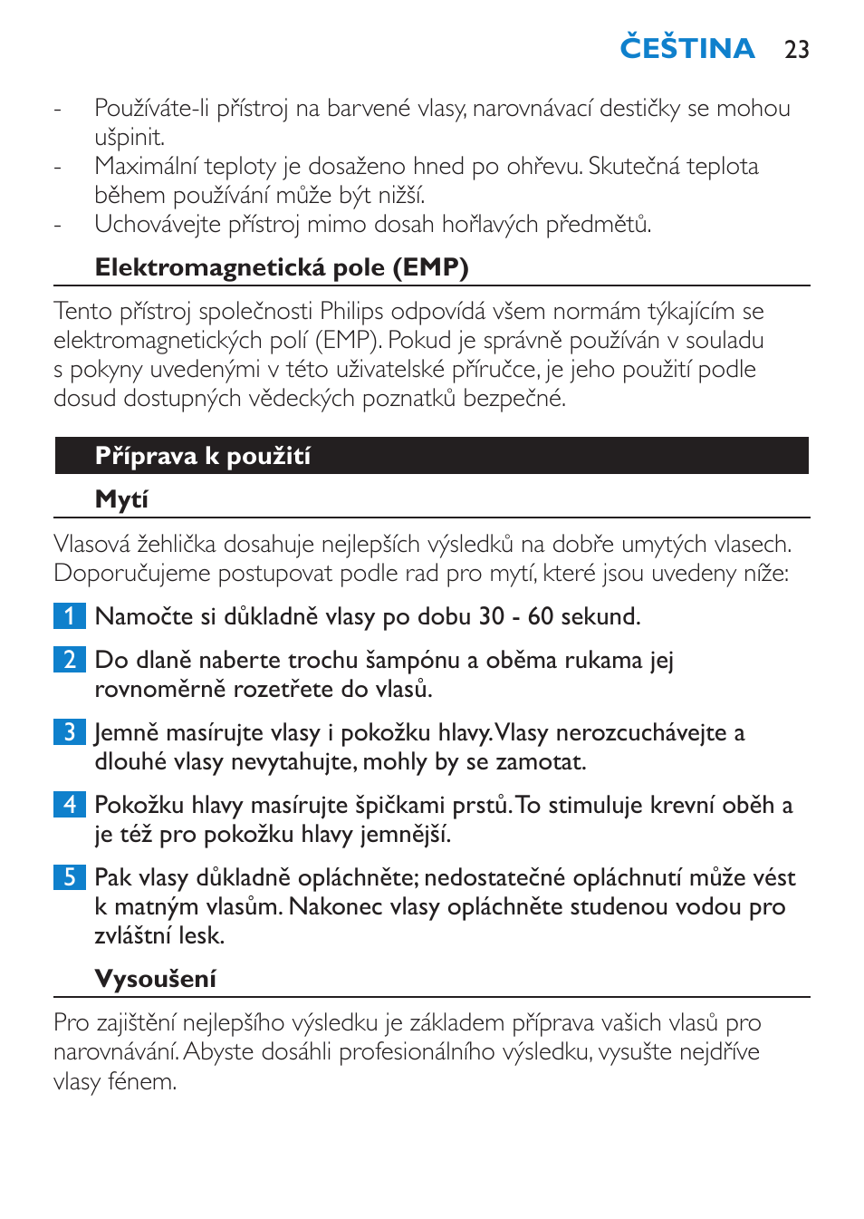 Elektromagnetická pole (emp), Příprava k použití, Mytí | Vysoušení | Philips HP4669/05 User Manual | Page 23 / 124