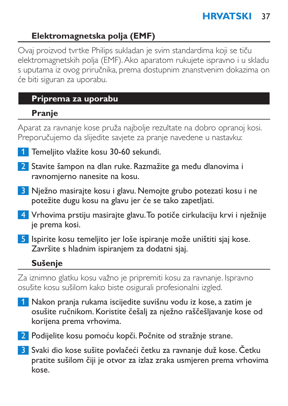 Elektromagnetska polja (emf), Priprema za uporabu, Pranje | Sušenje | Philips HP4669/05 User Manual | Page 37 / 124