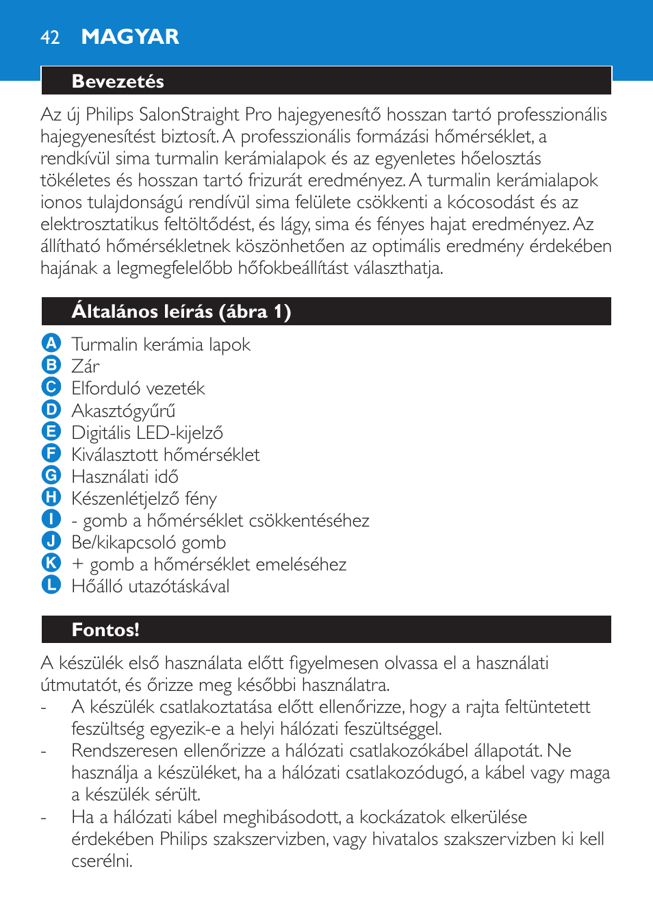 Magyar, Bevezetés, Általános leírás (ábra 1) | Fontos | Philips HP4669/05 User Manual | Page 42 / 124