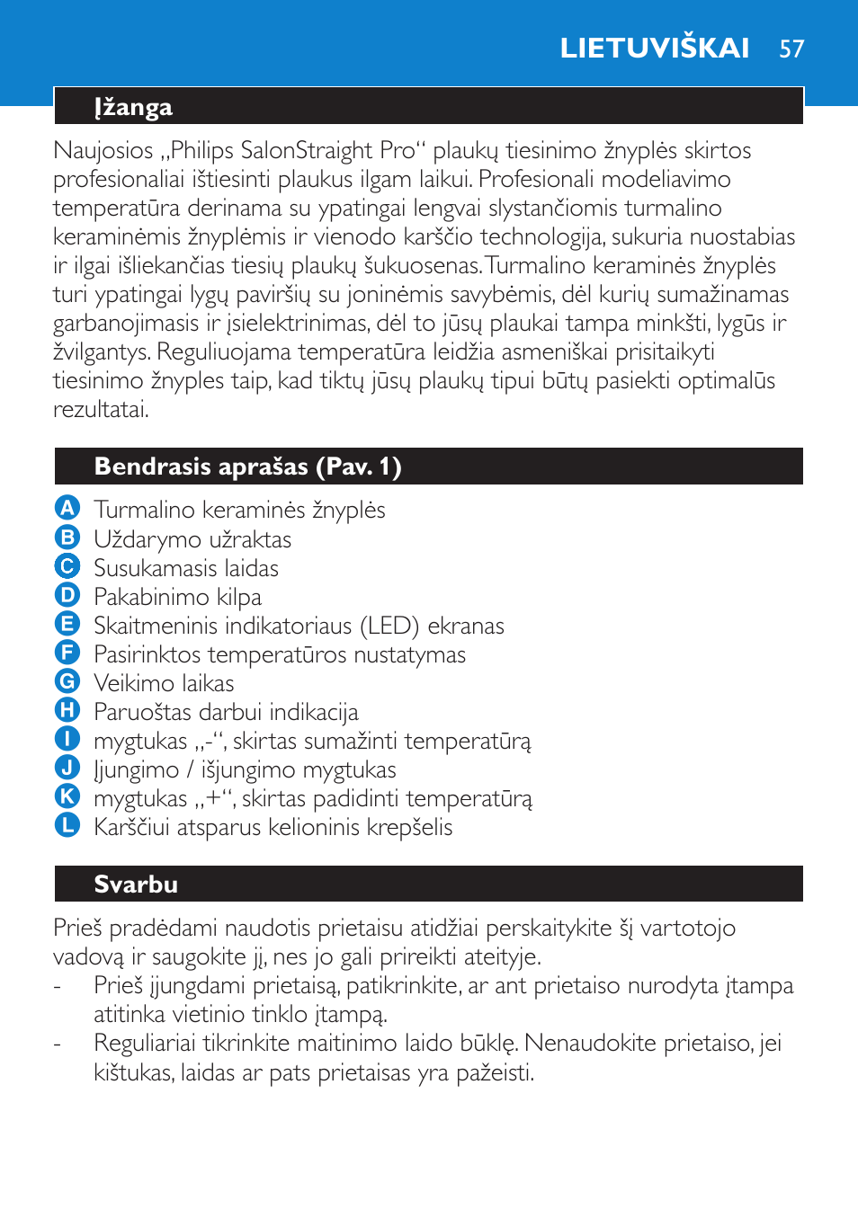 Lietuviškai, Įžanga, Bendrasis aprašas (pav. 1) | Svarbu | Philips HP4669/05 User Manual | Page 57 / 124