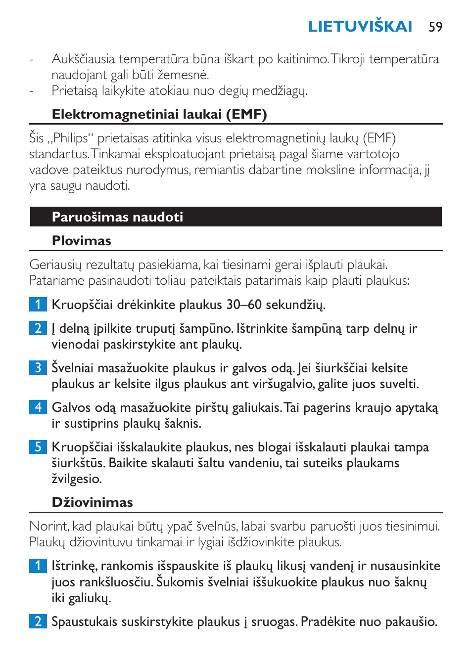 Elektromagnetiniai laukai (emf), Paruošimas naudoti, Plovimas | Džiovinimas | Philips HP4669/05 User Manual | Page 59 / 124