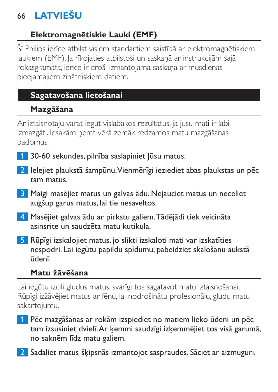 Elektromagnētiskie lauki (emf), Sagatavošana lietošanai, Mazgāšana | Matu žāvēšana | Philips HP4669/05 User Manual | Page 66 / 124