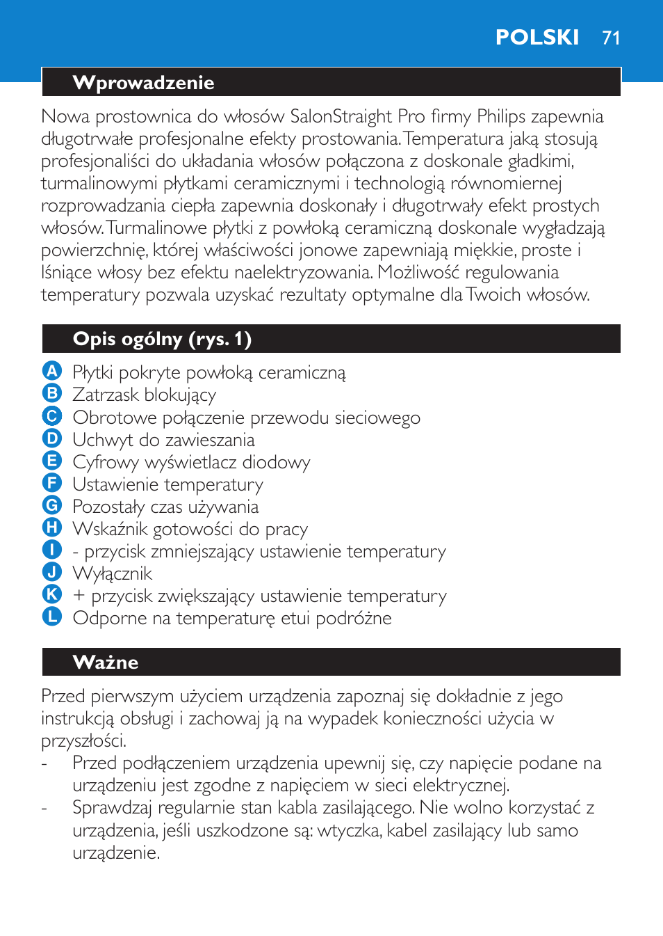 Polski, Wprowadzenie, Opis ogólny (rys. 1) | Ważne | Philips HP4669/05 User Manual | Page 71 / 124