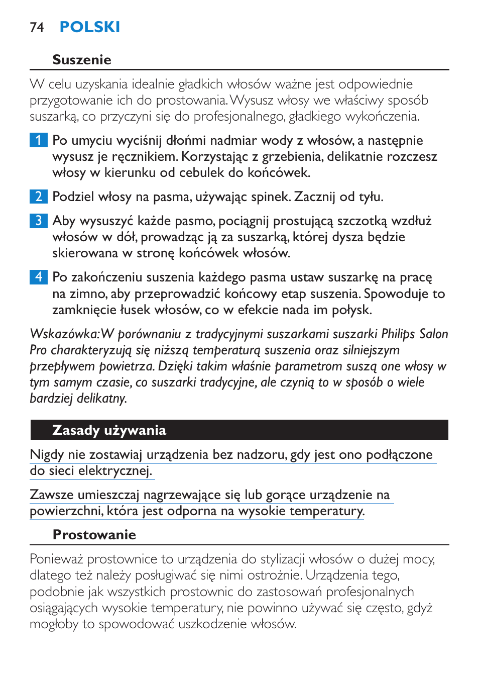 Suszenie, Zasady używania, Prostowanie | Philips HP4669/05 User Manual | Page 74 / 124