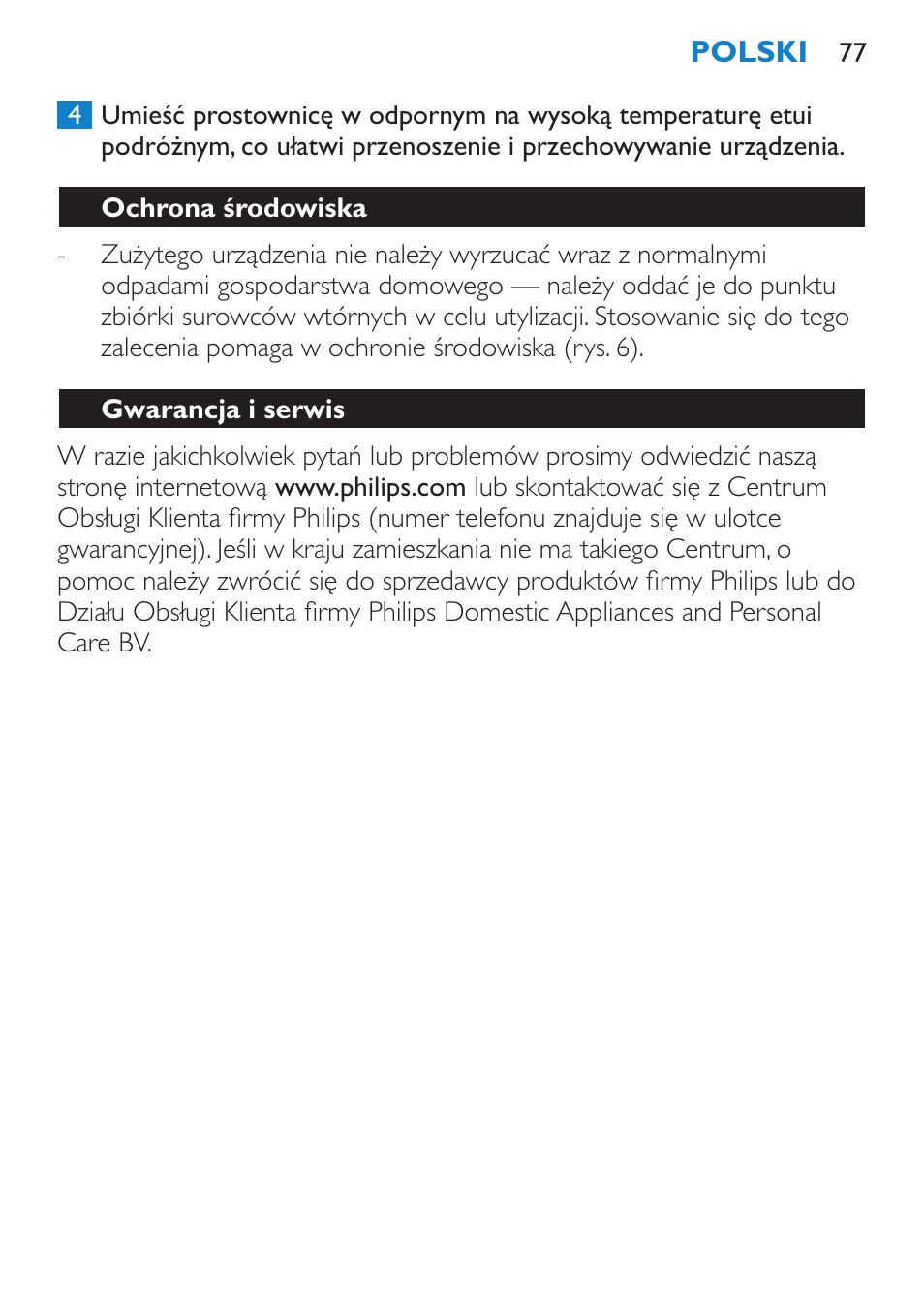 Ochrona środowiska, Gwarancja i serwis, Często zadawane pytania | Philips HP4669/05 User Manual | Page 77 / 124