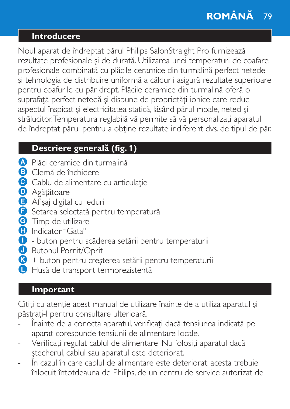 Română, Introducere, Descriere generală (fig. 1) | Important | Philips HP4669/05 User Manual | Page 79 / 124