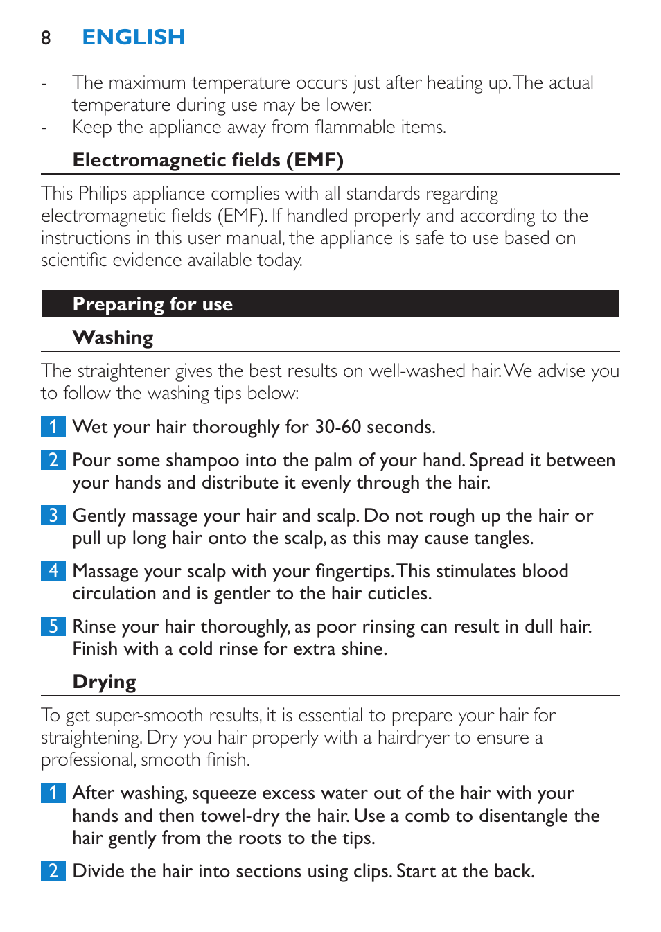 Electromagnetic fields (emf), Preparing for use, Washing | Drying | Philips HP4669/05 User Manual | Page 8 / 124