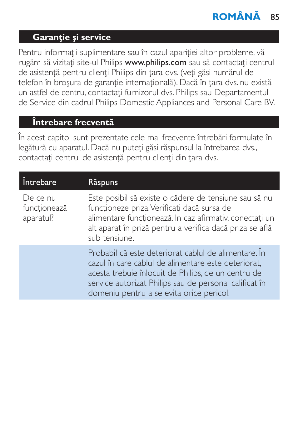 Garanţie şi service, Întrebare frecventă | Philips HP4669/05 User Manual | Page 85 / 124
