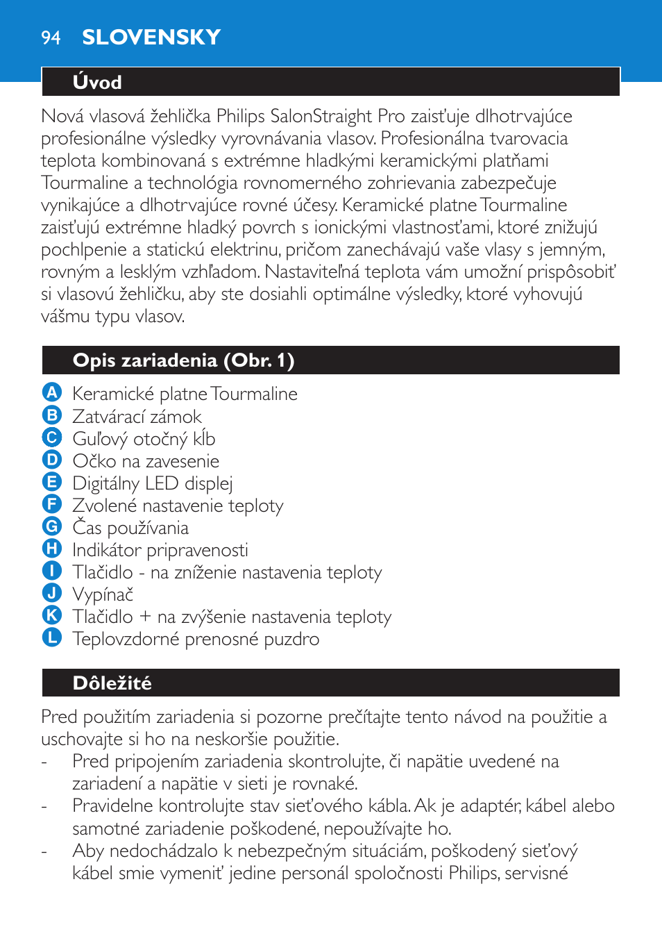 Slovensky, Úvod, Opis zariadenia (obr. 1) | Dôležité | Philips HP4669/05 User Manual | Page 94 / 124