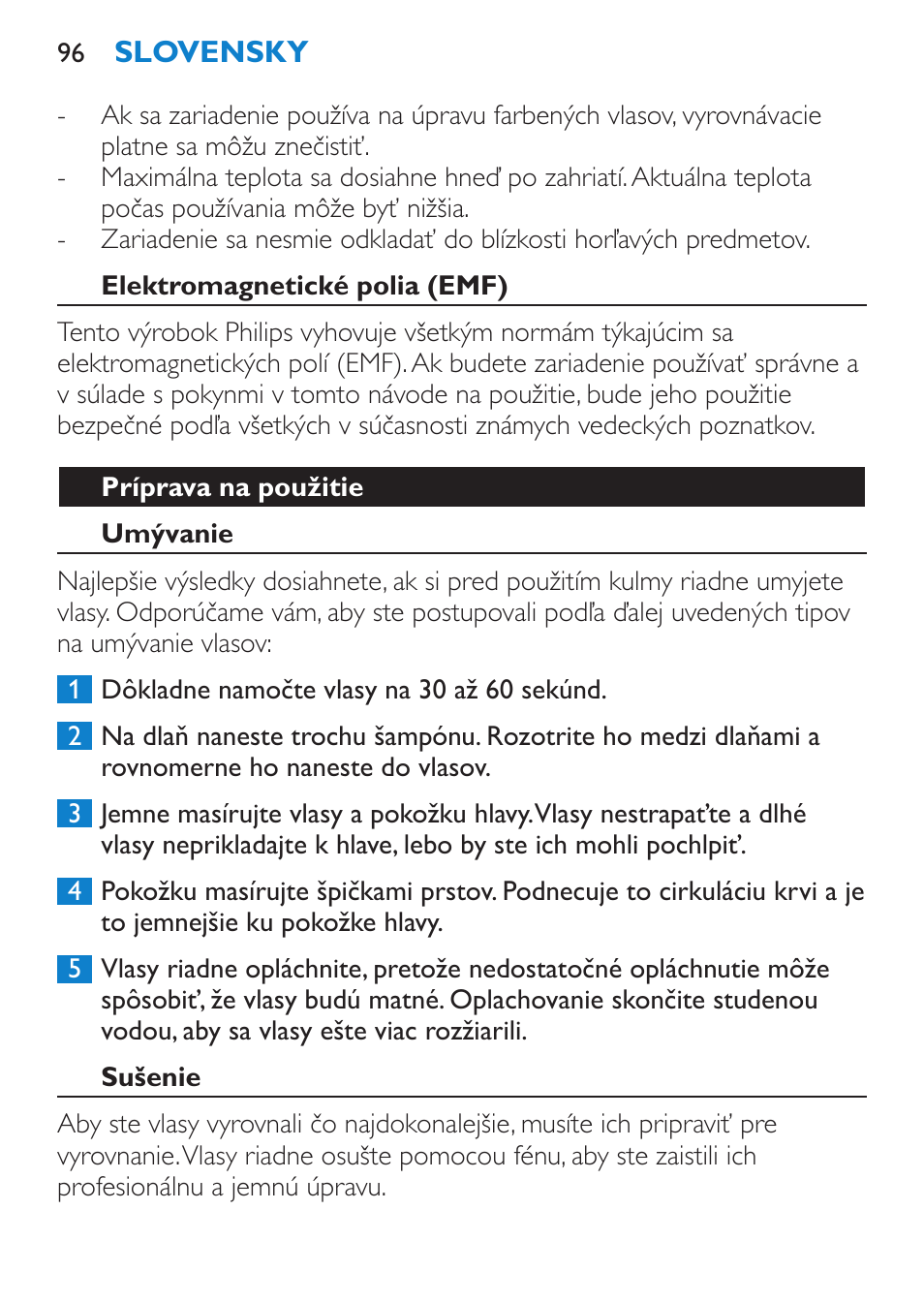 Elektromagnetické polia (emf), Príprava na použitie, Umývanie | Sušenie | Philips HP4669/05 User Manual | Page 96 / 124