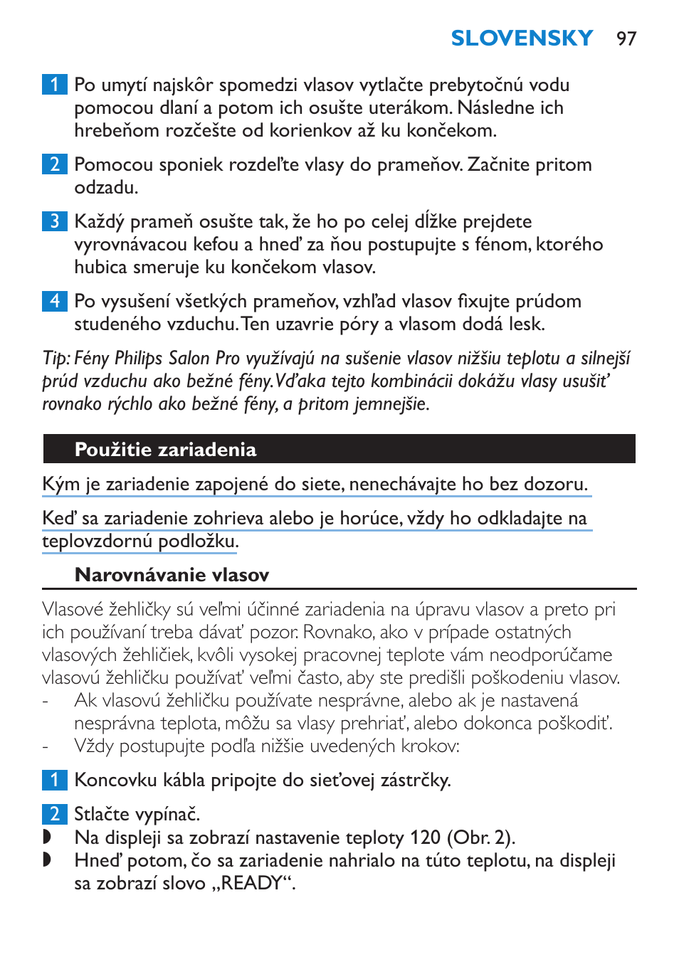 Použitie zariadenia, Narovnávanie vlasov | Philips HP4669/05 User Manual | Page 97 / 124