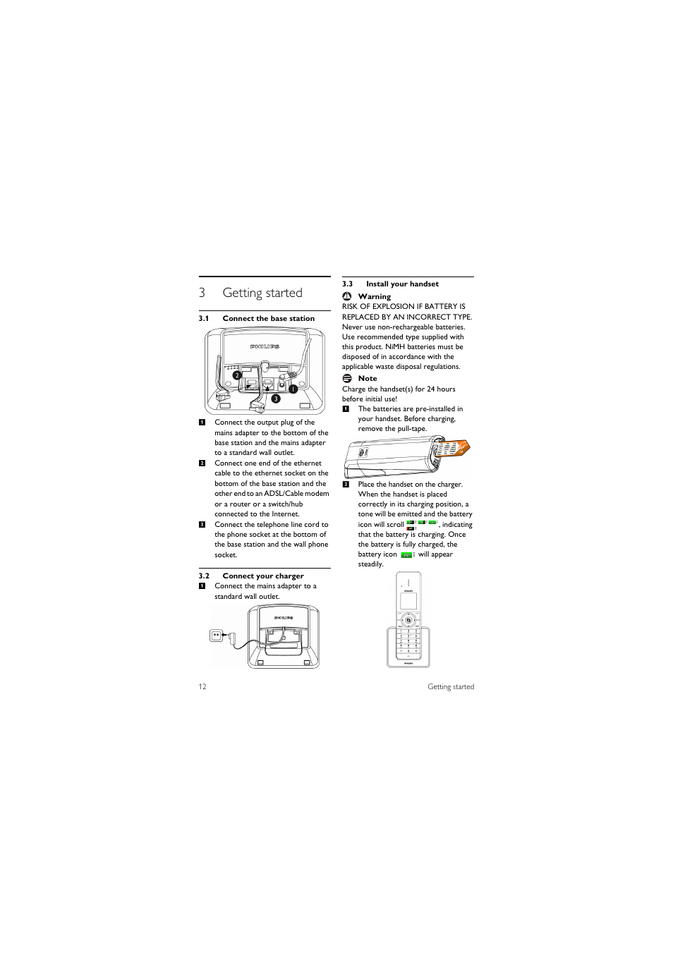 3 getting started, 1 connect the base station, 2 connect your charger | 3 install your handset, 3getting started | Philips 855 User Manual | Page 15 / 72