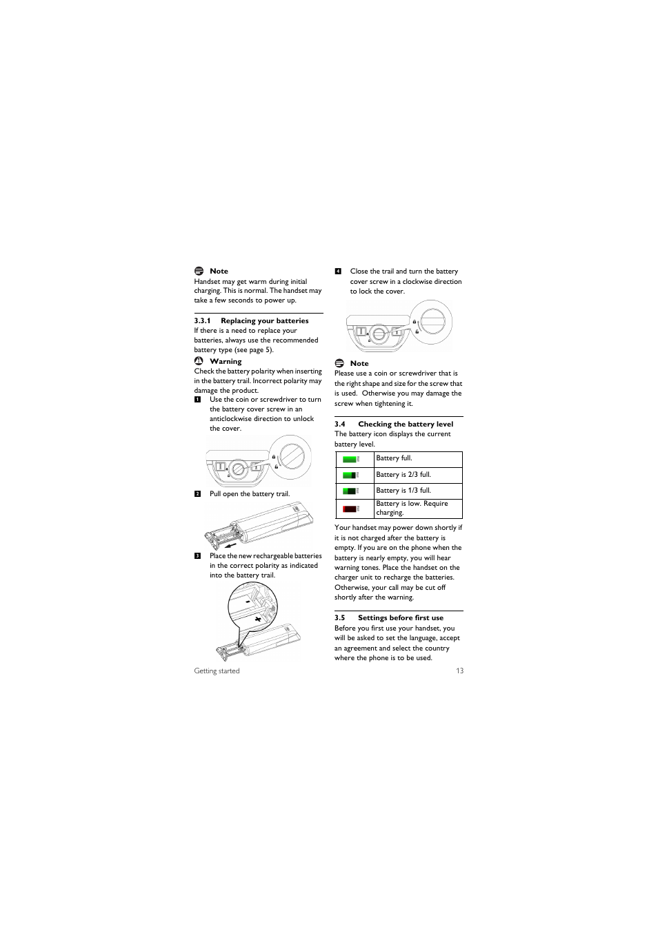 4 checking the battery level, 5 settings before first use | Philips 855 User Manual | Page 16 / 72